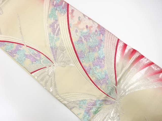 JAPANESE KIMONO / ANTIQUE FUKURO OBI / SILK / REVERSIBLE / WOVEN ABSTRACT BUTTERFLY